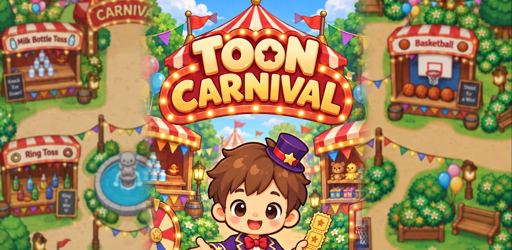 The Toon Carnival map with the Milk Bottle Toss, Ring Toss and Basketball booths and the ringmaster holding a strip of tickets